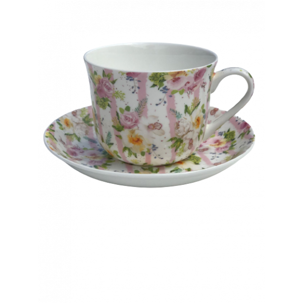 Breakfast Cup and Saucer Set Fine China NEW Gift Boxed Pink Bouquet 500ml 17.5oz 