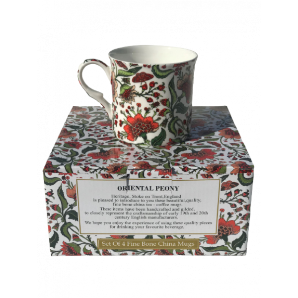 Oriental Peony Design Set of 4 mugs NEW Heritage Brand 300ml 10.5 oz ea 