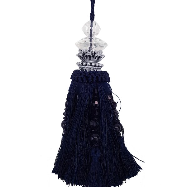 Tassel with Silver and Faceted Glass Top with beads - Navy Blue 19cm