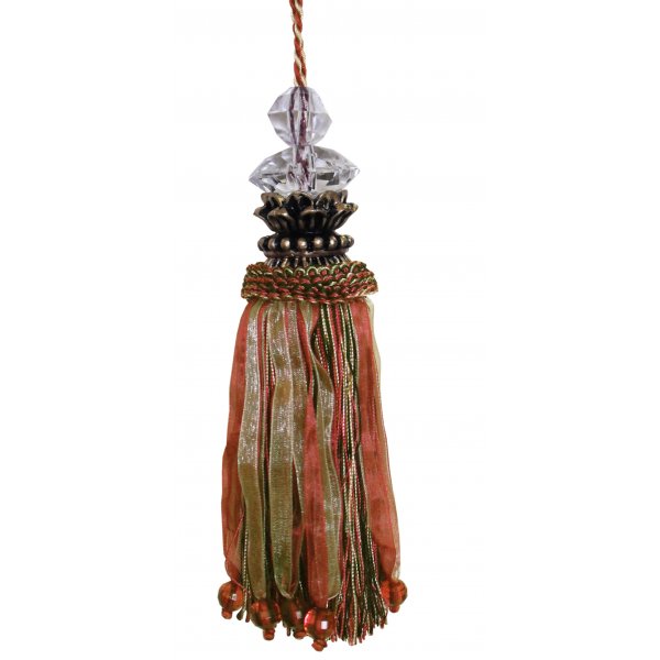 Tassel with Gold Top and Faceted Beads - Dark Pink / Olive 18cm
