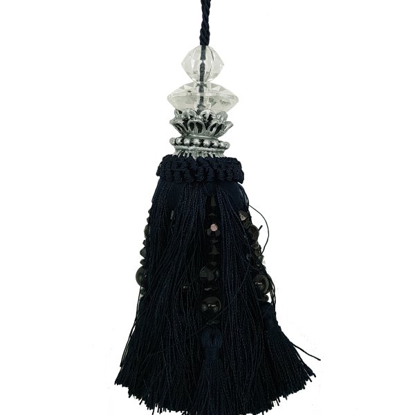 Tassel with Silver and Faceted Glass Top with beads - Black 19cm