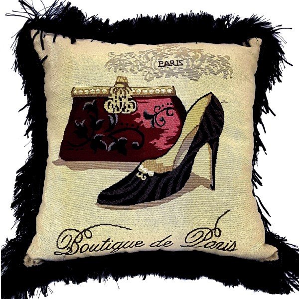 Pair of Jacquard cushion covers 45cm x 45cm - French Heel & Bag design trimmed with Black ruche