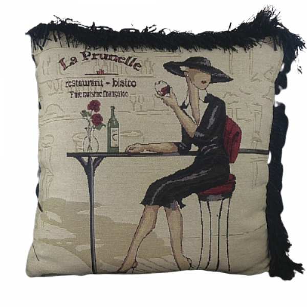 Pair of Jacquard cushion covers 45cm x 45cm - French Cafe design trimmed with Black ruche