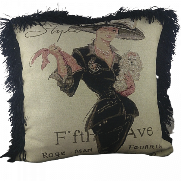 Pair of Jacquard cushion covers 45cm x 45cm - Fifth Avenue Lady design trimmed with Black ruche