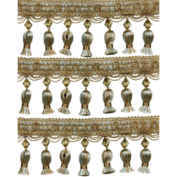 Fringe Acorn Tassels with Bead - Green / Gold 70mm Price is per 5 metres