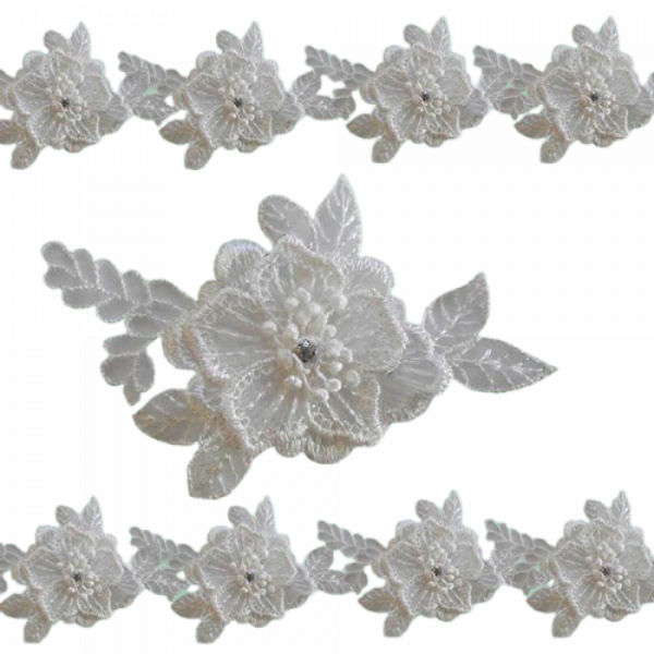 Organza Flower Lace with Diamante insert - White 8 x 11 cm Price is for 5 metres