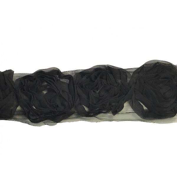Large Rose Ruffle Trim on Tulle (Hand dyed) - Black 7cm flower Price is for 5 metres