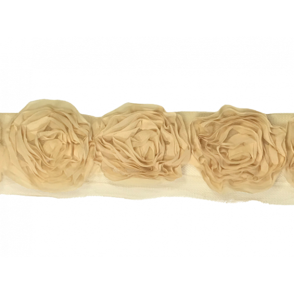 Large Rose Ruffle Trim on Tulle (Hand dyed) - Beige 5cm flower Price is for 5 metres 