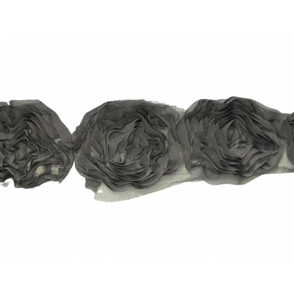 Large Rose Ruffle Trim on Tulle (Hand dyed) - Silver Grey 5cm flower Price is for 5 metres 