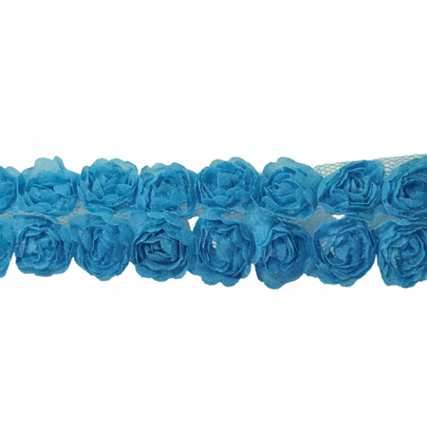 Rose Double Trim on Tulle (Hand dyed) - Blue 20mm flower Price is for 5 metres
