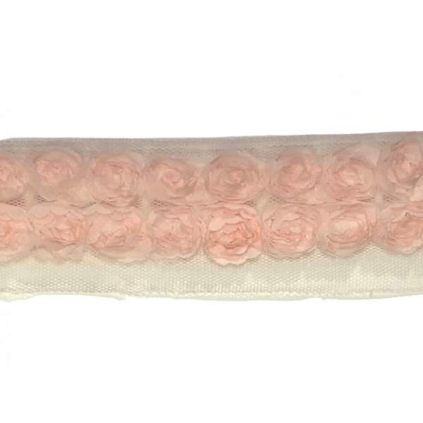 Rose Double Trim on Tulle (Hand dyed) - Pale Pink 20mm flower Price is for 5 metres