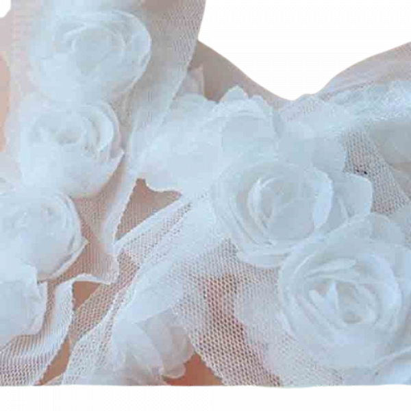 Rose Double Trim on Tulle (Hand dyed) - White 50mm flower Price is for 5 metres