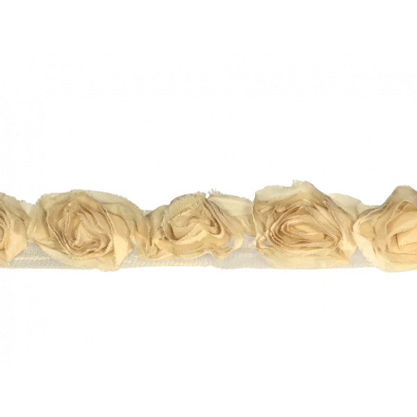 Rose Ruffle Trim on Tulle (Hand dyed) - Beige 50mm flower Price is for 5 metres