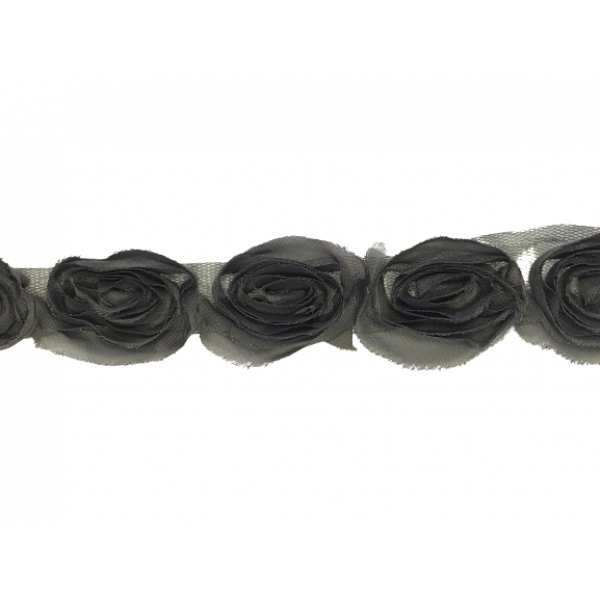 Rose Ruffle Trim on Tulle (Hand dyed) - Silver Grey 50mm flower Price is for 5 metres 