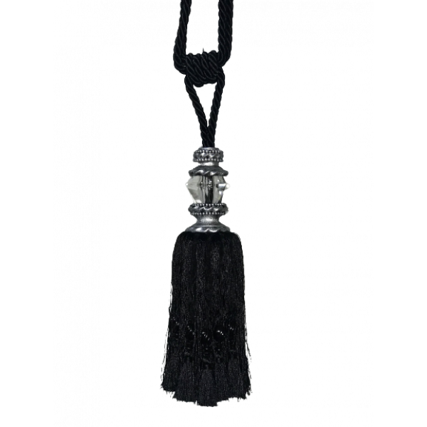 Pair 2 pieces Curtain Tie Backs - 27cm Tassel with faceted glass top and silver capping - Black