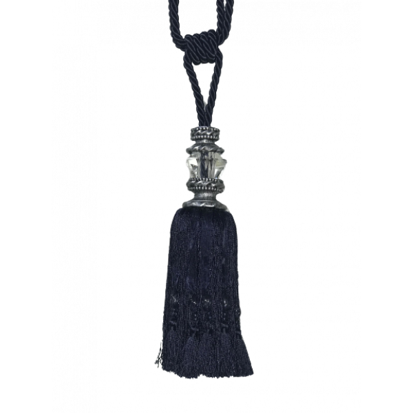 Pair 2 pieces Curtain Tie Backs - 27cm Tassel with faceted glass top and silver capping - Navy Blue