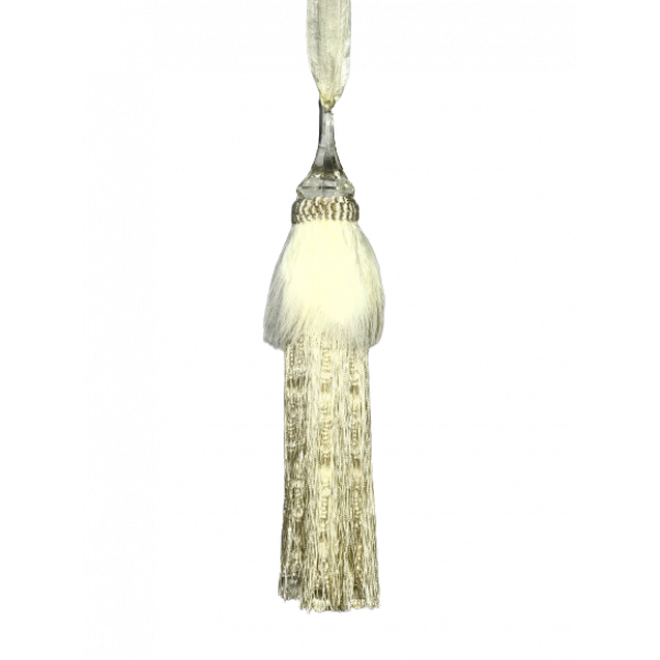Pair 2 pieces Curtain Tie Backs - 30cm Tassel with Feathers and Long Beaded Fringing - Cream