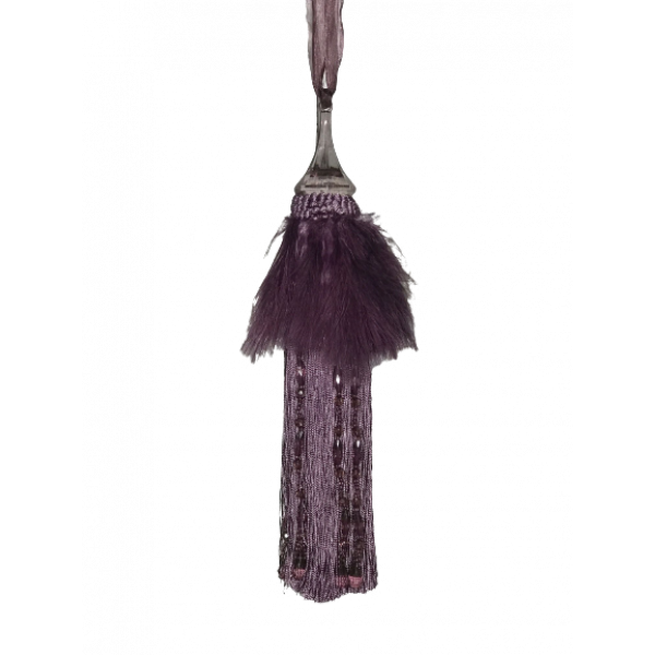 Pair 2 pieces Curtain Tie Backs - 30cm Tassel with Feathers and Long Beaded Fringing - Deep Purple