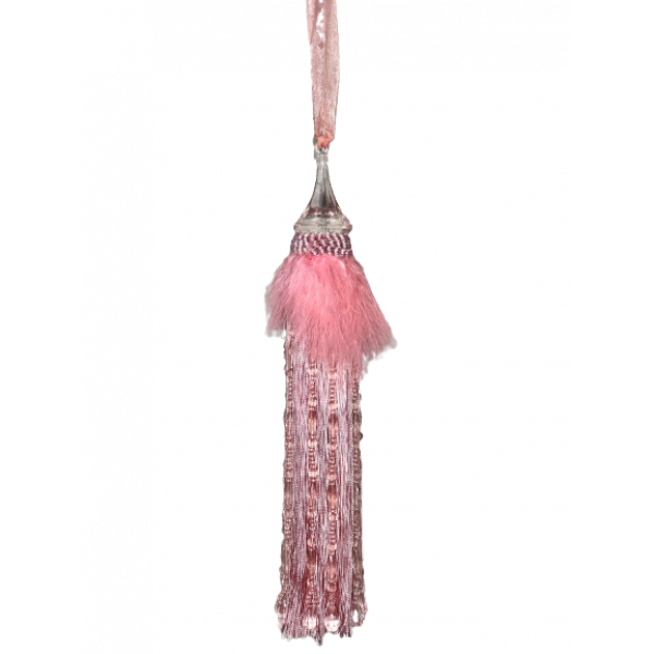 Pair 2 pieces Curtain Tie Backs - 30cm Tassel with Feathers and Long Beaded Fringing - Pale Pink