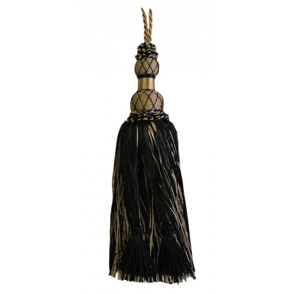 Tassel with Woven Top - Black / Gold Ribbons 19cm