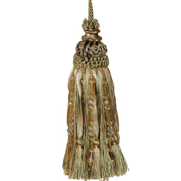 Tassel with Beads/Ribbons - GREEN/GOLD 17 cm