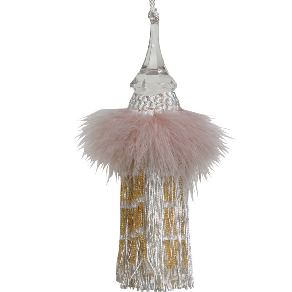Tassel with Feathers and Beaded Fringing - Cream 20cm