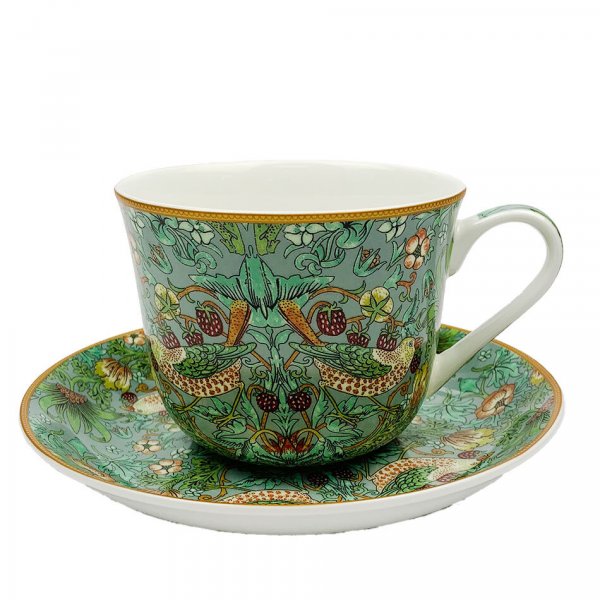 Breakfast Cup and Saucer Set Fine China NEW Gift Boxed Stawberry thief Aqua 500ml 17.5oz