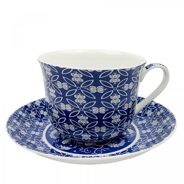 Breakfast Cup and Saucer Set Fine China NEW Gift Boxed Indian Textile Blue 500ml 17.5oz
