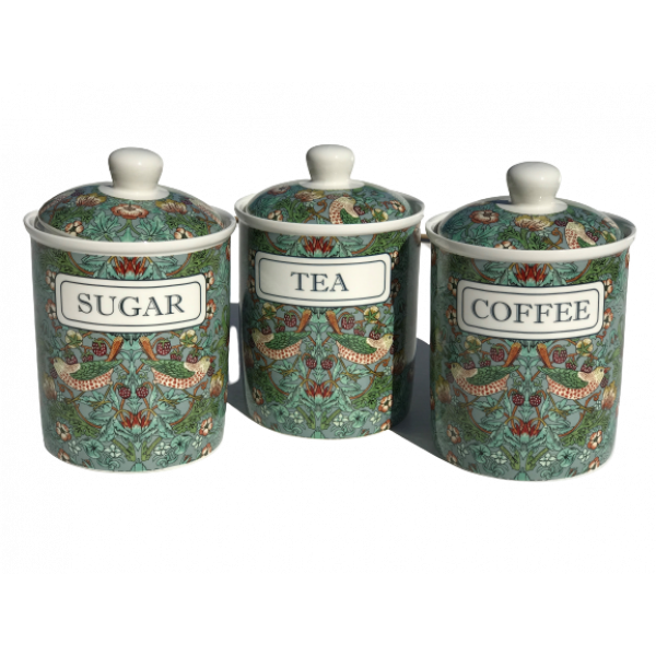3 piece Canister set Tea Coffee and Sugar Heritage Brand Strawberry Thief Design 800ml 28oz ea