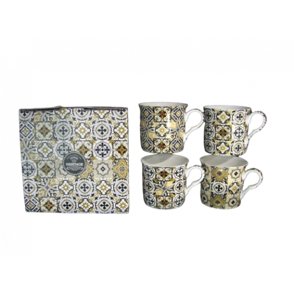Black Azulejo Design Set of 4 mugs NEW Heritage Brand 300ml 10.5 oz ea