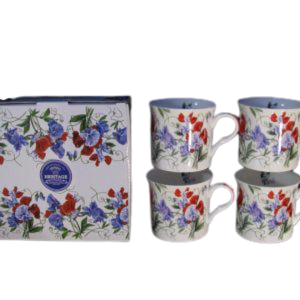 Sweet Pea Design Set of 4 mugs NEW Heritage Brand 300ml 10.5 oz ea