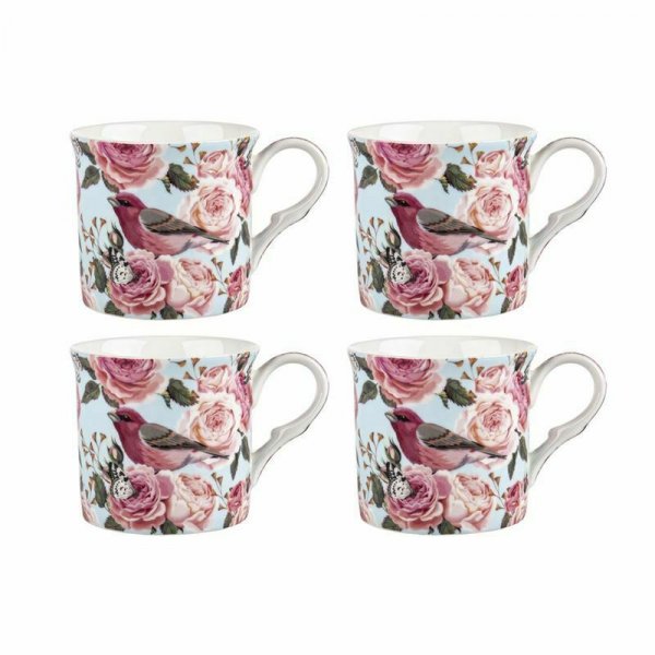 Rose Birde Design Set of 4 mugs NEW Heritage Brand 300ml 10.5 oz ea 