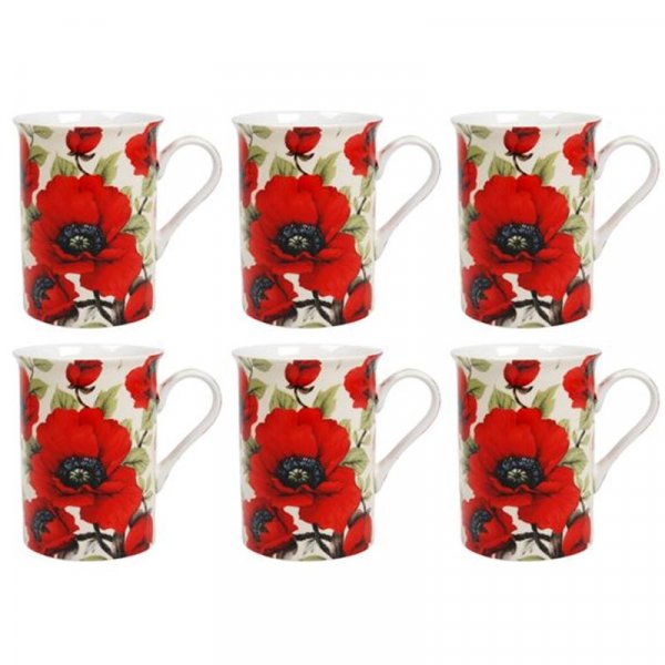Red Poppy Design Set of 6 mugs  NEW Heritage Fine China 300ml 10.5 oz ea