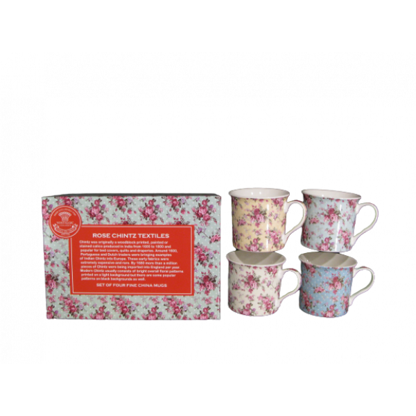 Rose Chintz Textiles Design Set of 4 mugs NEW Heritage Brand 250ml 9oz ea