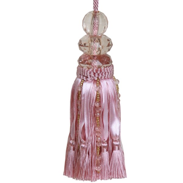Large Tassel with Double Beaded Top and ribbons - Pink 17cm