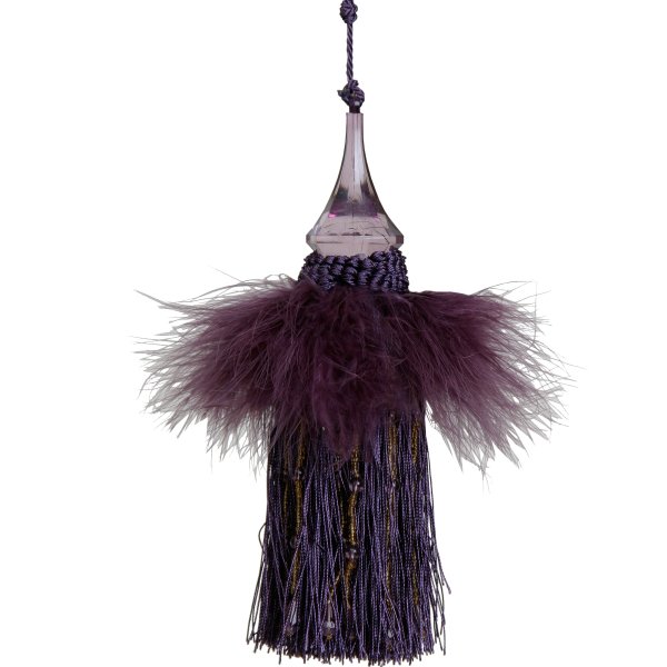 Tassel with Feathers and Beaded Fringing - Dark Purple 20cm