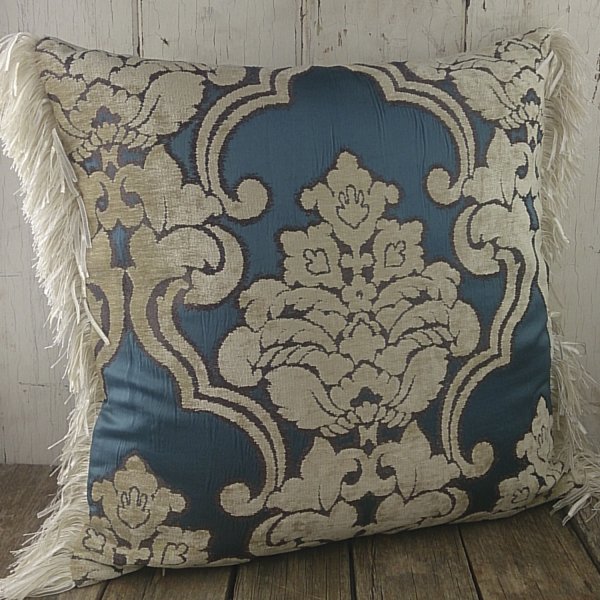 Pair of Chenille cushion covers 45cm x 45cm - Blue / Cream colour trimmed with matching ruche