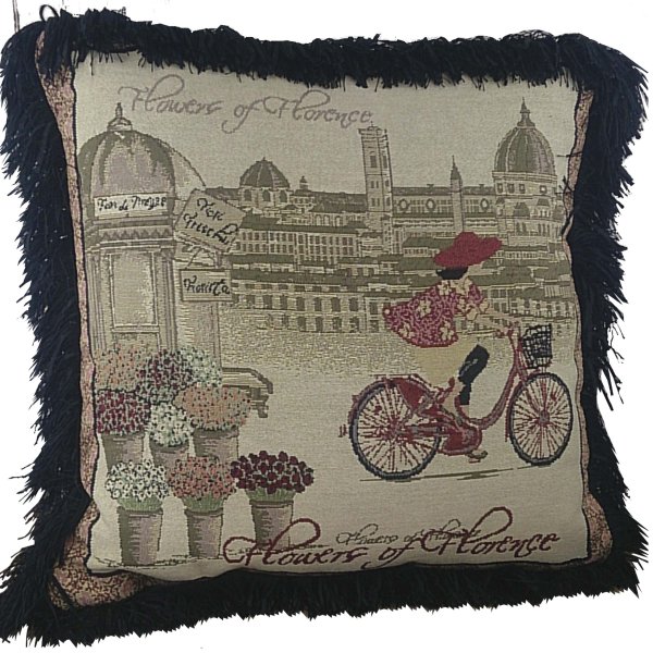 Pair of Jacquard cushion covers 45cm x 45cm - Florentine Bicycle design trimmed with black ruche