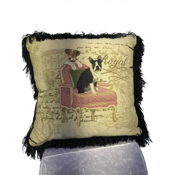 Pair of Jacquard cushion covers 45cm x 45cm - Royal Puppies on Chaise Lounge design trimmed with Black ruche