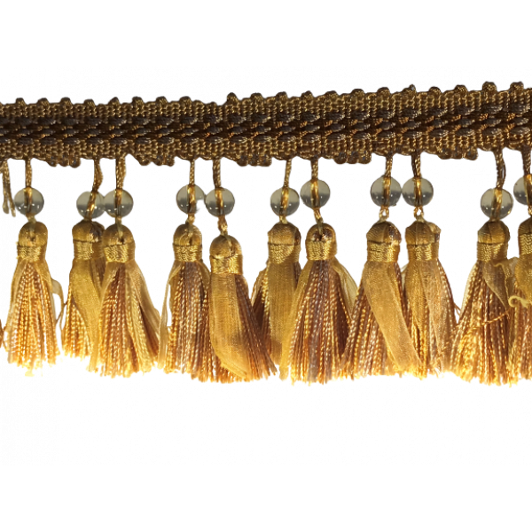 Fringe Tassel with bead Gold 70mm Price is per metre.