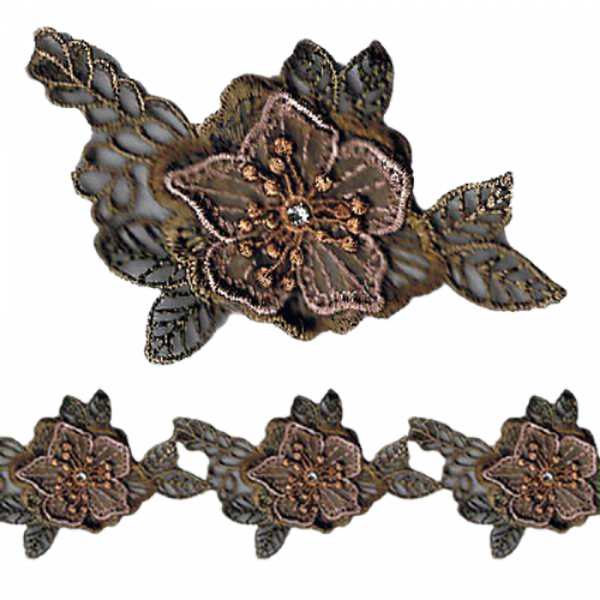 Organza Flower Lace with Diamante inserts (Hand Dyed) - Dark Mocha 8 xx 11 cm Price is for 5 metres 