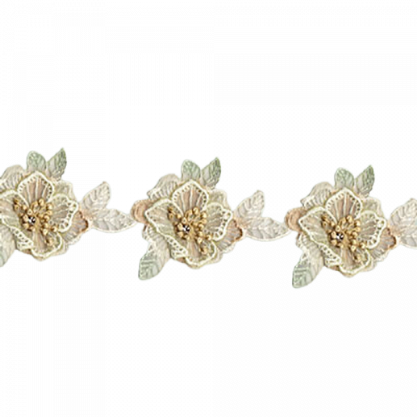 Organza Flower Lace with Diamante insert - Cream 8 x 11cm Price is for 5 metres