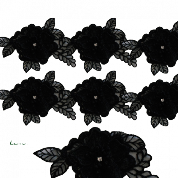 Organza Flower Lace with Diamante insert - Black 8 x 11cm flower Price is for 5 metres 