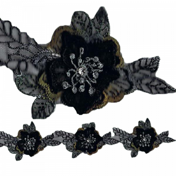 Organza Flower Lace with Diamante insert - Dark Charcoal 8 x 11cm Price is for 5 metres 