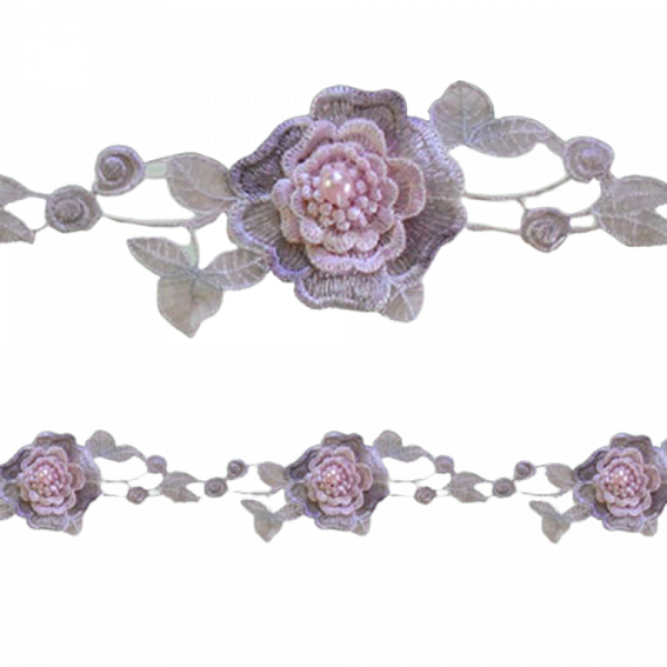 Organza Flower Lace with Pearl insert - Pink / Mauve 8 x 11 cm (Price is per metre)