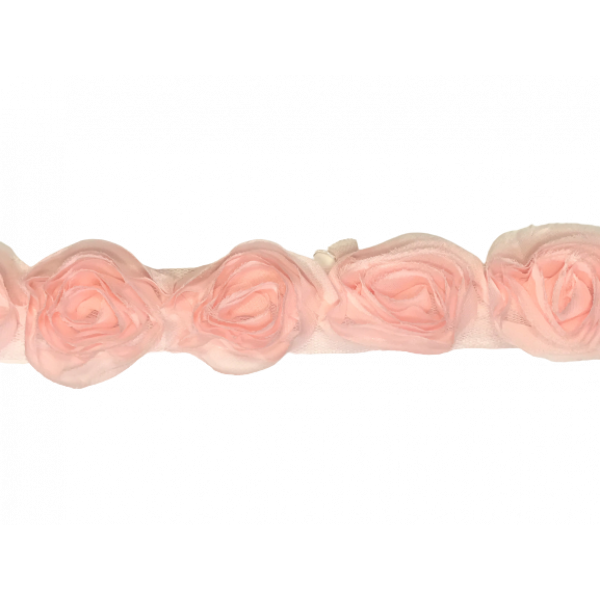 Rose Ruffle Trim on Chulle (Hand dyed) - Pale Pink 50mm flower (Price is per metre)