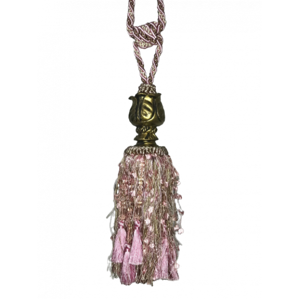 Pair 2 pieces Curtain Tie Backs - 30cm Tassel with fancy fringe and beads - Pink/ Pale Gold