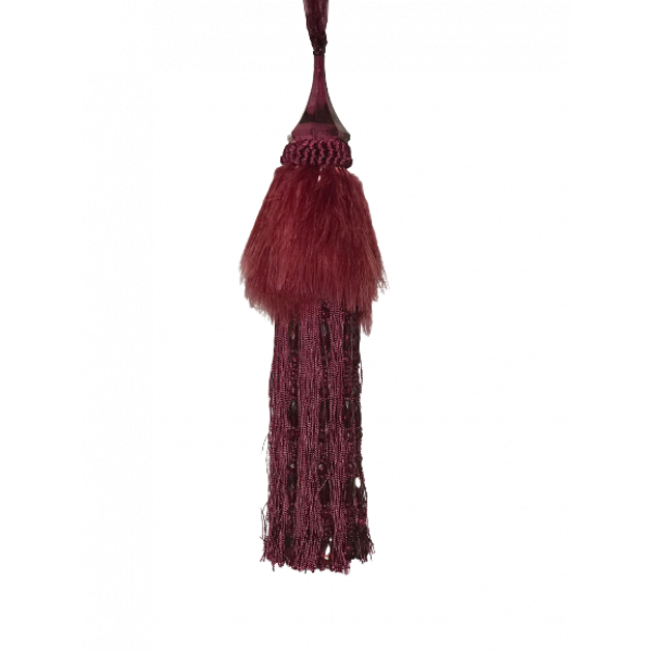 Pair Curtain Tie Back - 30cm Tassel with Feathers and Long Beaded Fringing - Red Wine