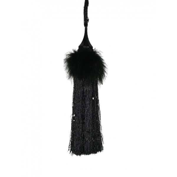 Pair Curtain Tie Back - 30cm Tassel with Feathers and Long Beaded Fringing - Black