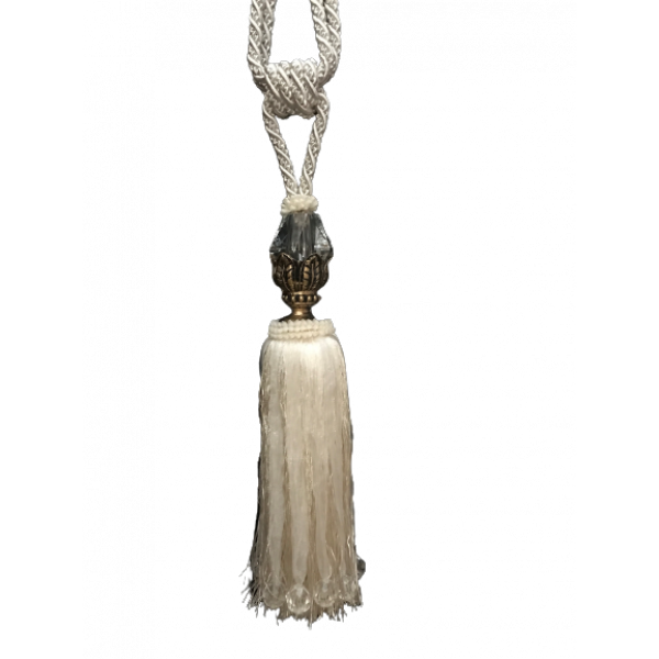 PAIR Curtain Tie Back Tassel with Glass and Silver Top and Ribbons - CREAM